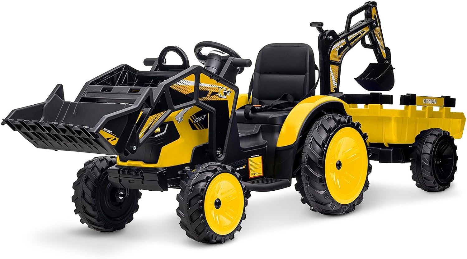 Hetoy 3 in 1 Ride on Tractor, Excavator & Bulldozer, 24V Electric Vehicle W/Trai