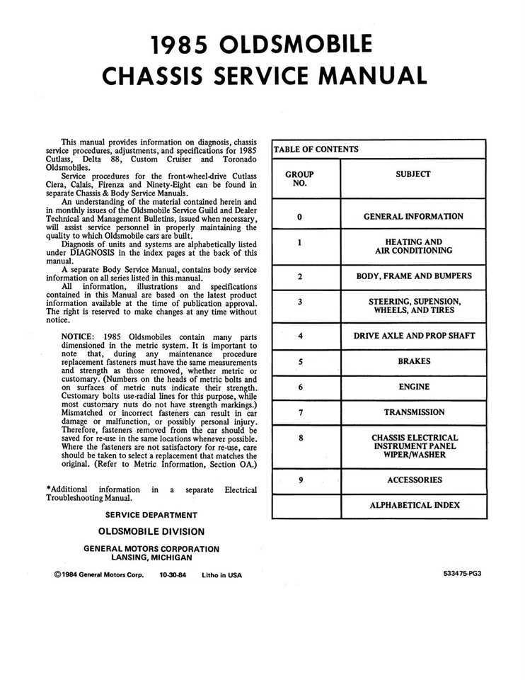 1985 Oldsmobile Service Manual - Cutlass Supreme, Delta 88, Toronado - Image 2 of 4
