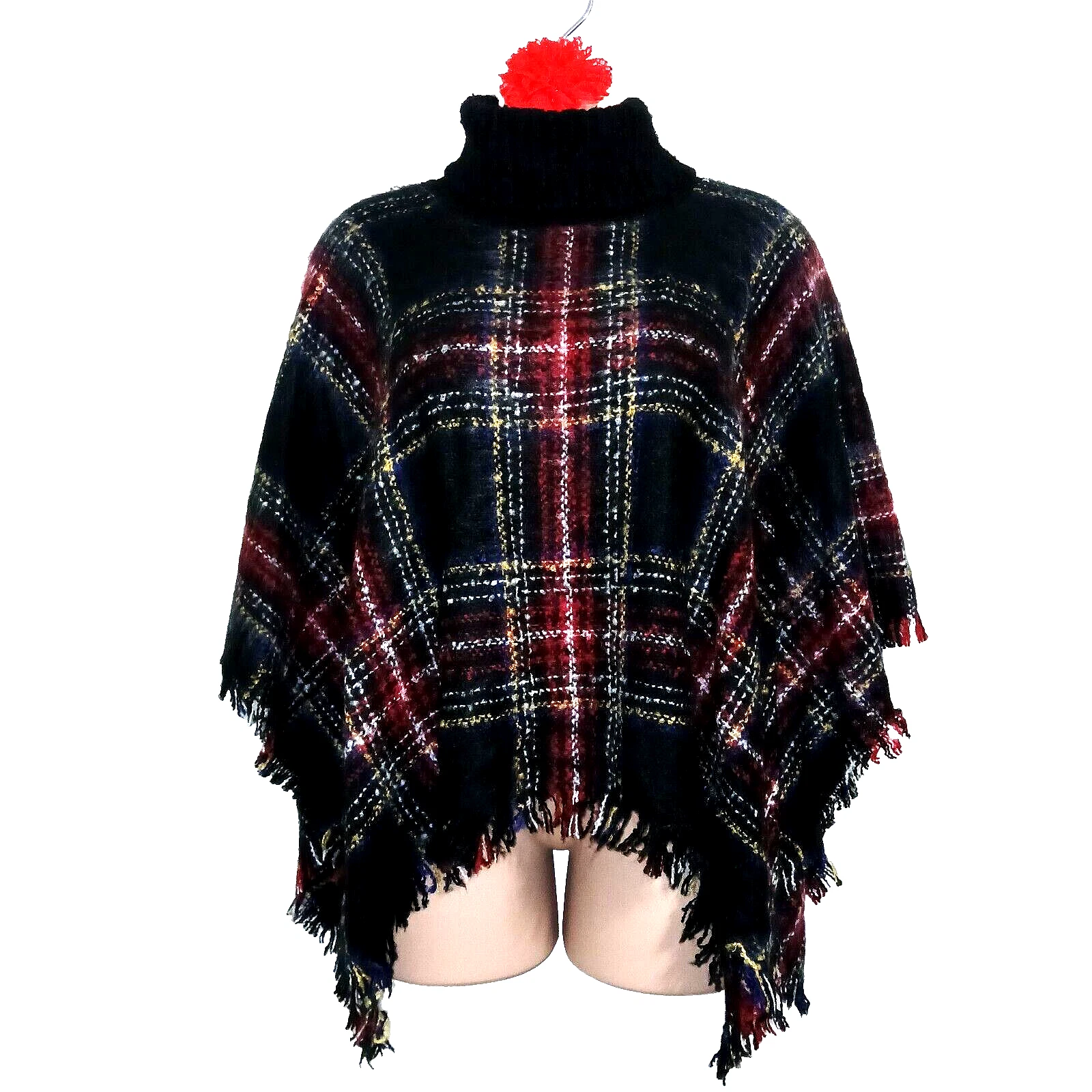 Steve Madden Women Poncho OSFM Black Plaid Turtleneck Sweater Wrap Fuzzy Fringe