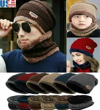 Warm Knit Hat Scarf Set Men Women Kids Ski Beanie Cap Ear Head Neck Cover Winter