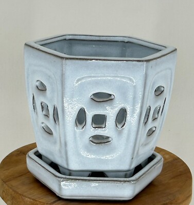 Small White Ceramic Orchid Pot Hexagon Shaped With Attached Humidity Drip Tray