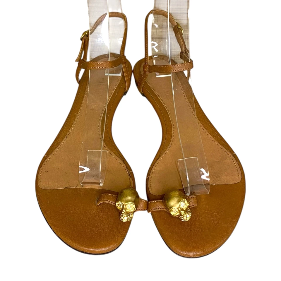 ALEXANDER MCQUEEN Brown Leather Skull Ankle Strap Flat Sandals, Size 37 - Image 3 of 4