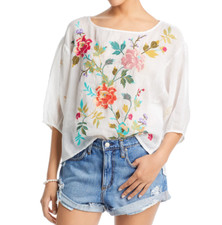Johnny Was Adele 100 Linen Embroidered Floral Print Blouse White Sz XL NWT
