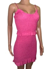Barbie Pink Smocked Seersucker Stretchy Mini Cleavage Dress Nwts Summer S Vacay