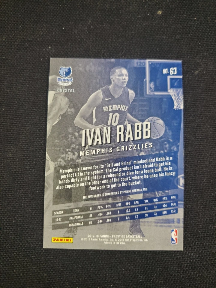 2017 Panini Prestige Bonus Shots Signatures Crystal Ivan Rabb #63 Rookie Auto RC - Image 2 of 2