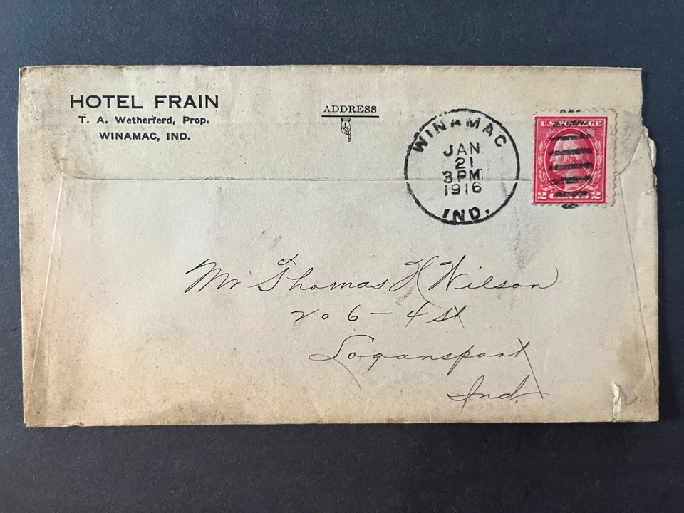 1916 Frain Hotel Winamac Indiana Illustrated Advertising 2 Cent Cover - Image 2 of 2