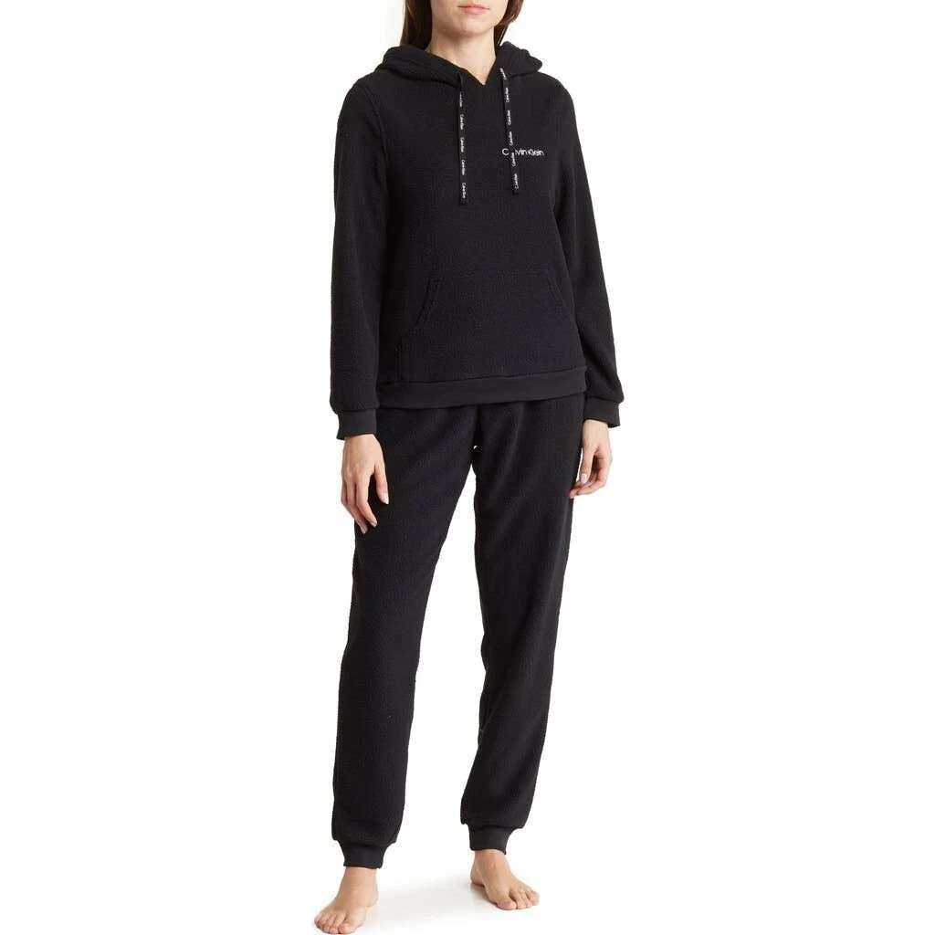 Calvin Klein Sleepwear 2 Piece Black Faux Shearling Hoodie Joggers Set Sz.S