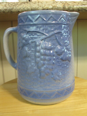 #ad #ad North Star Antique Stoneware Blue White 8quot; Pitcher Grapes Ivy amp; Lattice Design $34.97