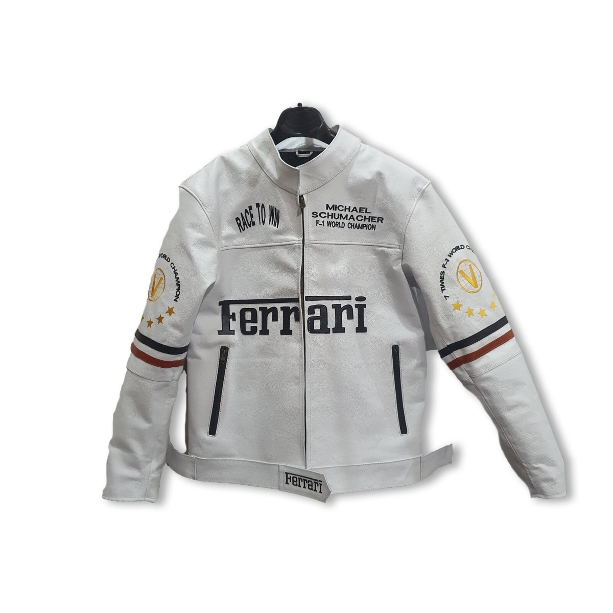 Veste Cuir Ferrari Racing - Style Motard Rouge Noir Blanc - Époque F1 - Homme