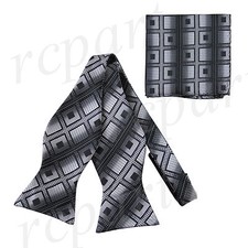 New formal Men's Self-tied Bow Tie  Hankie Squares Checkers Black Gray wedding