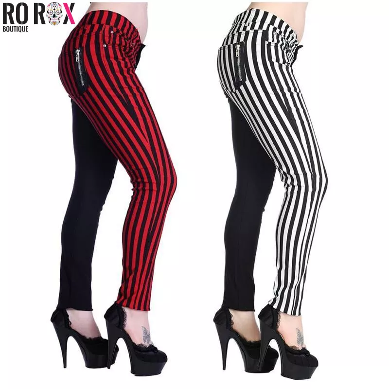 Banned Split Pants Women s Half Striped Half Black Emo Punk Skinny Trousers