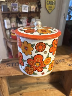 Vintage Baret Ware Orange Flower Power Biscuit Barrel / Tin Retro!