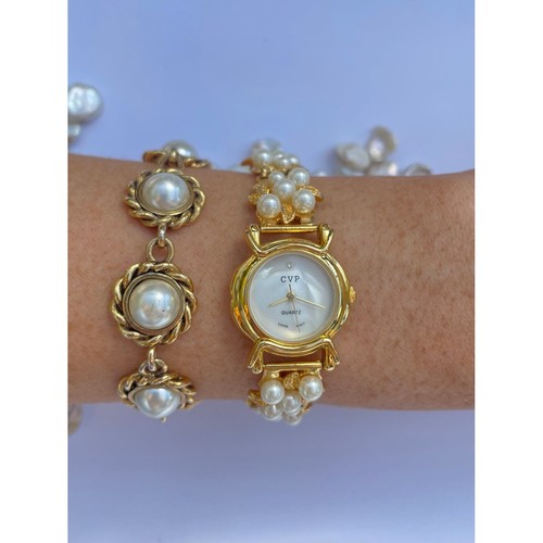 CVP Primrose Pearl Watch Quartz  Gold Tone Floral Faux Pearl Link Bracelet