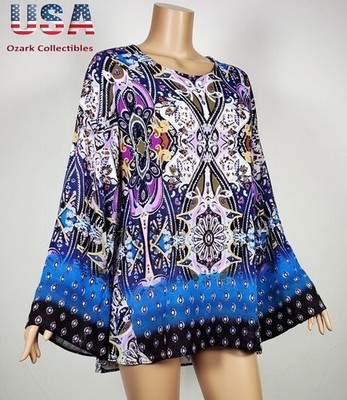 Melissa Women's M Multicolor Paisley  Boho Tunic W Necklace Flutter Sleeves NEW
