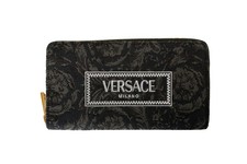 Versace Women's Black Logo Embroidery Jacquard Zip Around Wallet