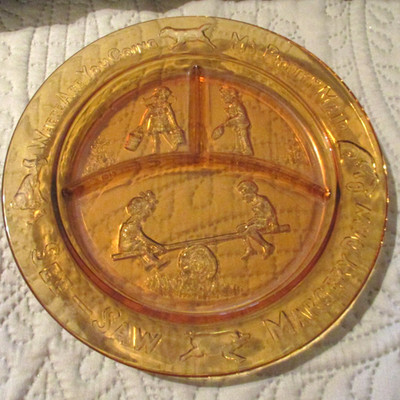 Vintage~Tiara Glass~Amber~Nursery Rhyme Divided Plate~8.5''~Where are you going..