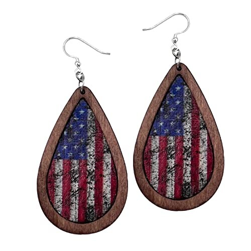 4th of July Earrings for Women - Red, White & Blue Flag Distressed - Teardrop
