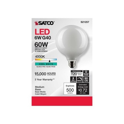 SATCO S21257 - 6 Watt G40 LED Globe Light  Bulb - 4000K - 120 Volts (6 Pack)