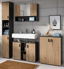 Badmöbel Badezimmer komplett Set Eiche Artisan Rillen Grau 4-teilig 200 cm Livia
