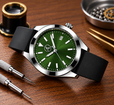 Men's Automatic Watch Aureus Nova Green Dial Silver Case Date Vintage NH35, Box