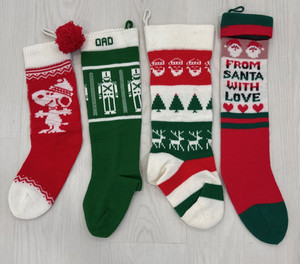 Vintage  Acrylic Knit Christmas Stockings Lot Of 4, One is Snoopy One Says "Dad"