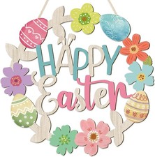 Vintage Happy Easter Eggs Decorations Sign, Wood Wreath for Front Door Porch Win