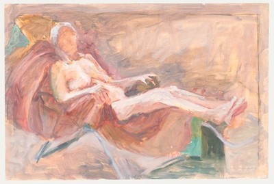 Pauline Plummer (b.1933) - 20. Jahrhundert Öl, Liegender Akt Auf Maroonem Stuhl.