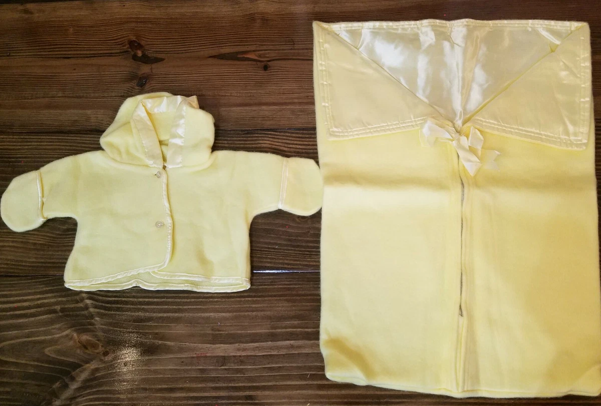Vintage Baby Bunting Set Satin Trim Yellow Unisex Soft Warm Plush