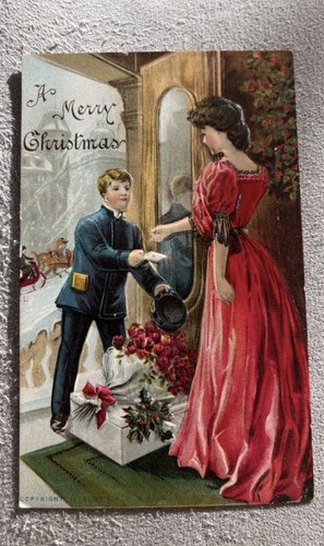 Antike AK Frohe Weihnachten junger Mann umwerbt Frau geprägt unpostbar
