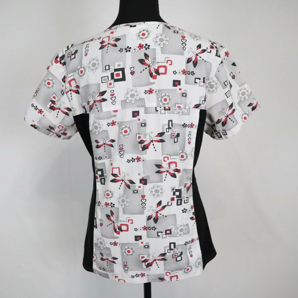 Cherokee Scrub Top Womens Small Dragon Fly Floral Short Sleeve Medical Uniform - Image 3 of 4
