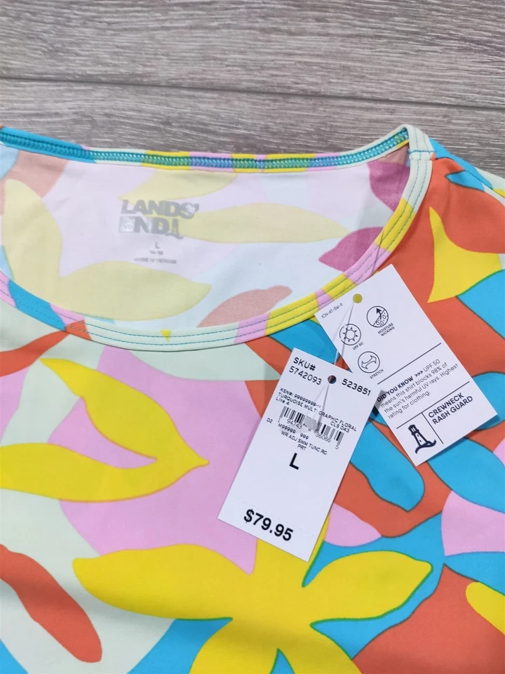 Blusa de banho Lands End feminina grande 14-16 gola redonda proteção contra erupções cutâneas floral túnica - Imagem 2 de 4