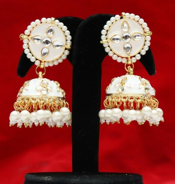 Gujarati Jhumka Earrings White Pearls Drop Dangle Traditional