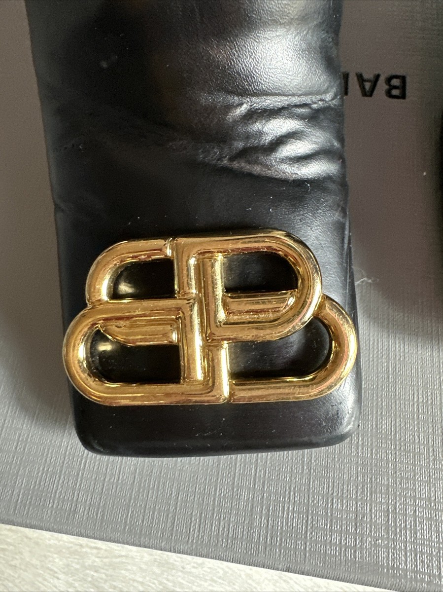 Balenciaga Square Toe BB Gold Metal Logo Black Leather Ankle Balenciaga Square Toe BB Gold Metal Logo Black Leather Ankle
