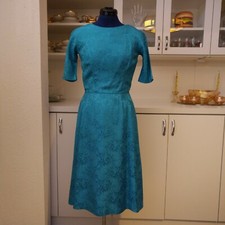 Vtg 1950s 1960s Blue Silk Brocade Jacquard Short Sleeve Retro Sheath Dress S