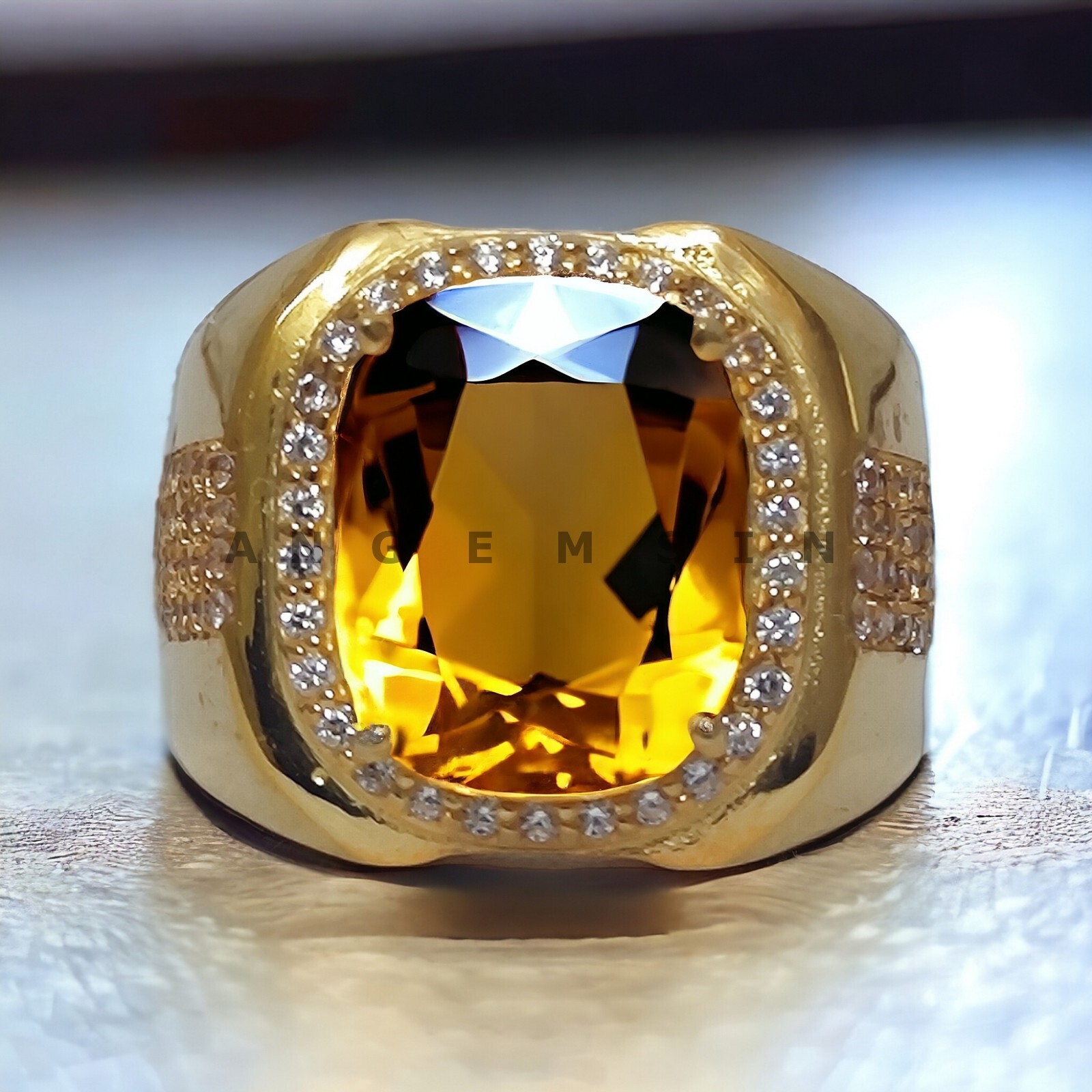 Citrine With 925 Sterling Silver Gold Plated Ring For Men's #AL484
