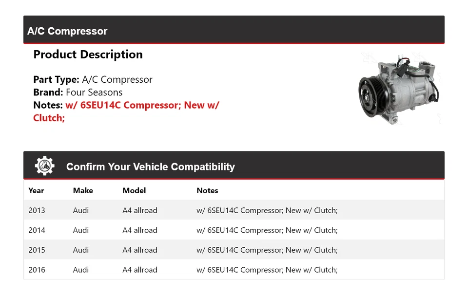 Compresor de aire acondicionado para Audi A4 Allroad 2013-2016 4 estaciones 2014 2015 Foto 2 de 4