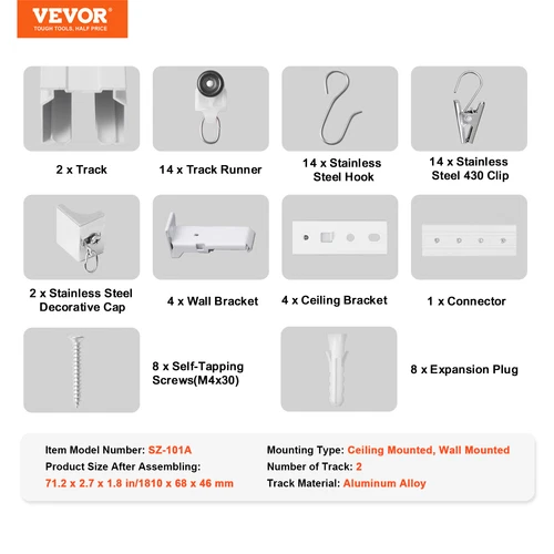 VEVOR Ceiling Curtain Track Set 5.9 FT/1.8 Meter Room Divider with Hooks White - Picture 7 of 12