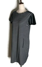 Ann Taylor Womens Shift Career Dress Navy White Faux Leather Short Sleeve M