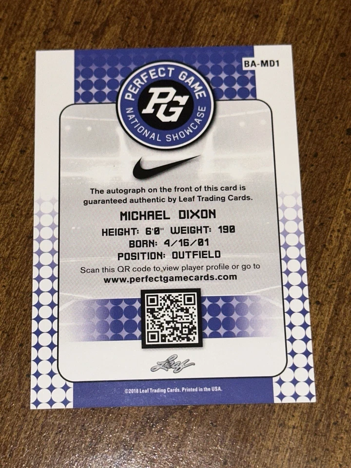 MICHAEL DIXON 2018 Leaf PERFECT GAME PINK Autograph #1/3 SAN DIEGO, CONCORDIA - Image 2 of 2