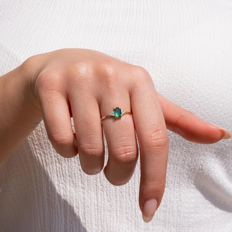 14k Solid Gold Lab-Created Emerald and Diamond Ring for Women Birthstone Jewelry - Image 3 of 4
