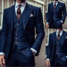 Navy Blue Suits For Mens 3 Piece Formal Business Slim Fit Wedding Groom Tuxedo