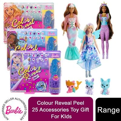 Barbie Color Reveal Peel Meerjungfrau, Fee oder Einhorn Spielzeug Puppe mit 25 Zubehörteilen