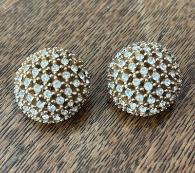 Signed Ciner Rhinestone Dome Earrings Clip-On Vintage 