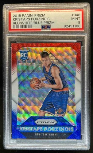 2015-16 Prizm Kristaps Porzingis RC Red, White & Blue Prizms #348 Knicks PSA 9