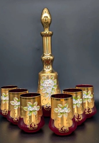 Signierte Murano Glas Karaffe Set mit sechs Gläsern 24K Blattgold - San Marco - Bild 4 von 20