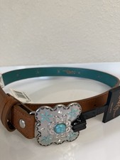 NWT GIRLS WESTERN BROWN LEATHER BELT TEAL INLAID ACCENTS SIZE LARGE CATCHFLY
