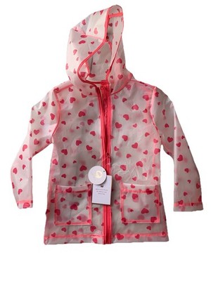 Girl Size 5 Youth Raincoat Clear Pink Heart Water Resistant Rain Coat Hooded