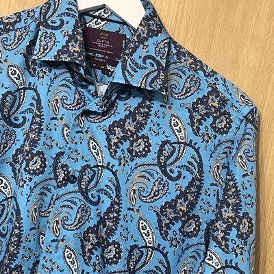 Hawes & Curtis Piccadilly Hemd Medium M Herren Langarm Blau Paisley