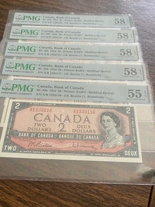 Five Consecutive Canadian 1954 Graded $2 bills, 1954.  Very unique. 