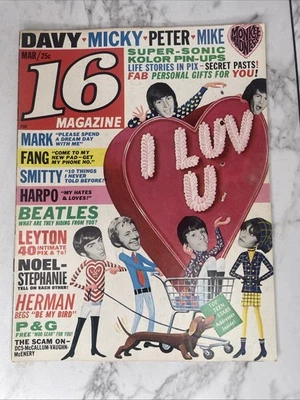 1960s Vintage 16 Magazine March 1967 Beatles Monkees 60s Teen Pop Music A7 - Image 1 of 4